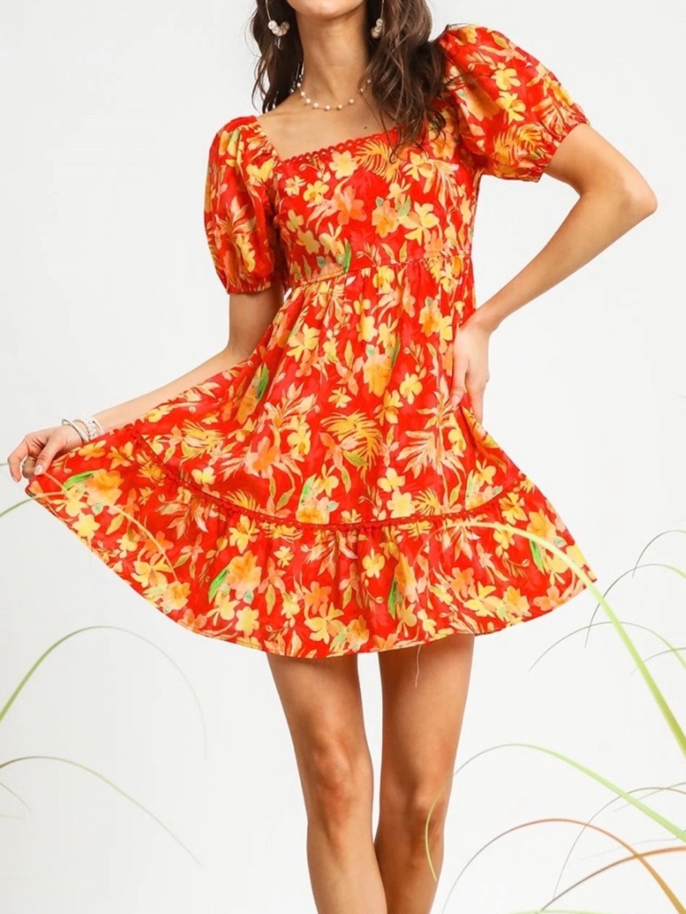 Umgee Red Floral Square-Neck Puff Sleeve Mini Dress